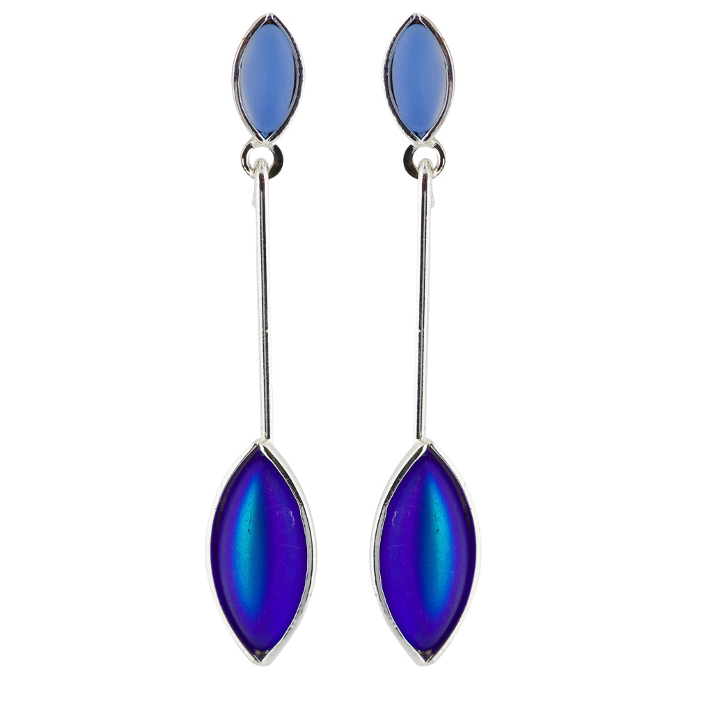 Kristina Collection Leaf Drop Stud Earrings, Blue Czech Glass on Black Memory Wire