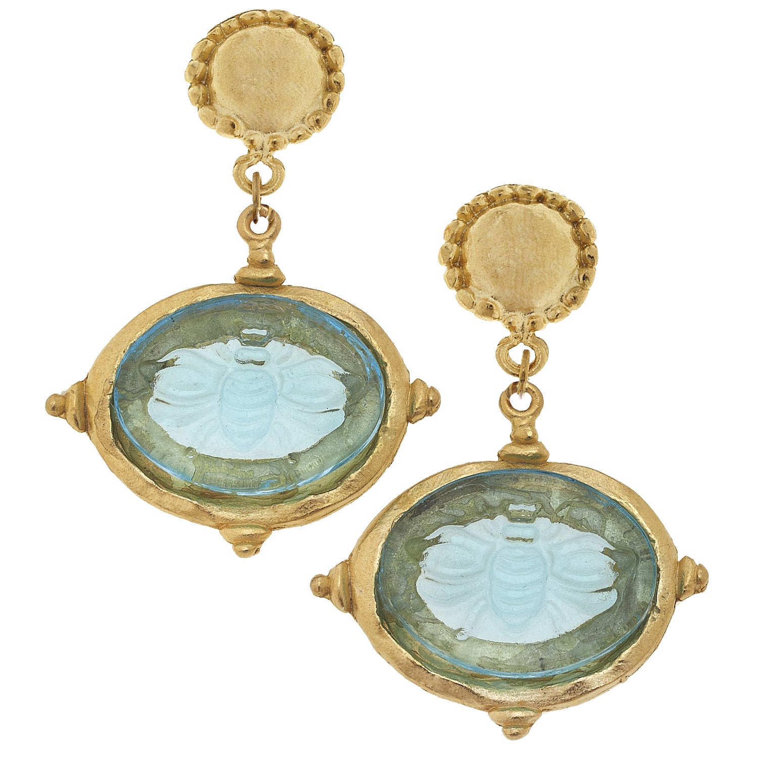 Susan Shaw Gold Cab & Aqua Venetian Glass Bee Earrings