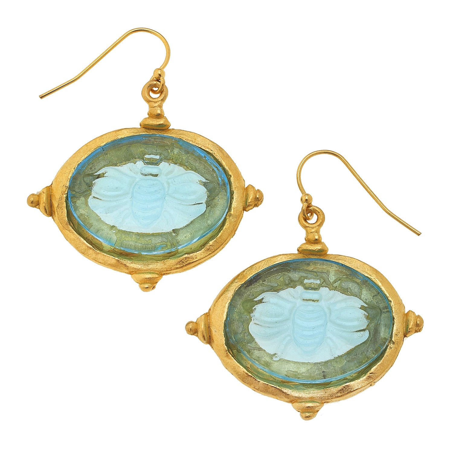 Susan Shaw Aqua Venetian Glass Bee Intaglio Earrings, Gold Plated