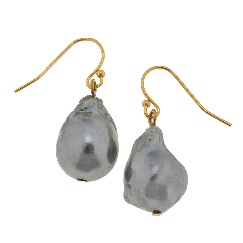 Susan Shaw Handcast Gold Cab & Genuine Grey Freshwater Baroque Pearl Earrings
