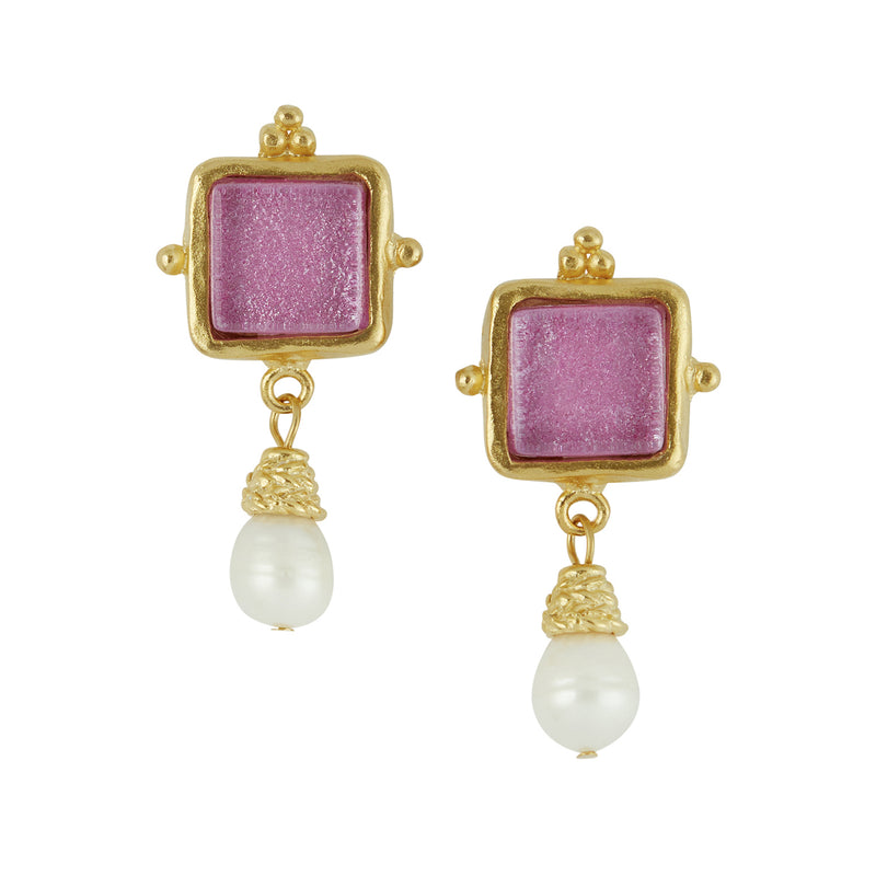 Susan Shaw Handast 24Kt Gold & Pink French Glass Earring with Genuine Freshwater Pearl Drop
