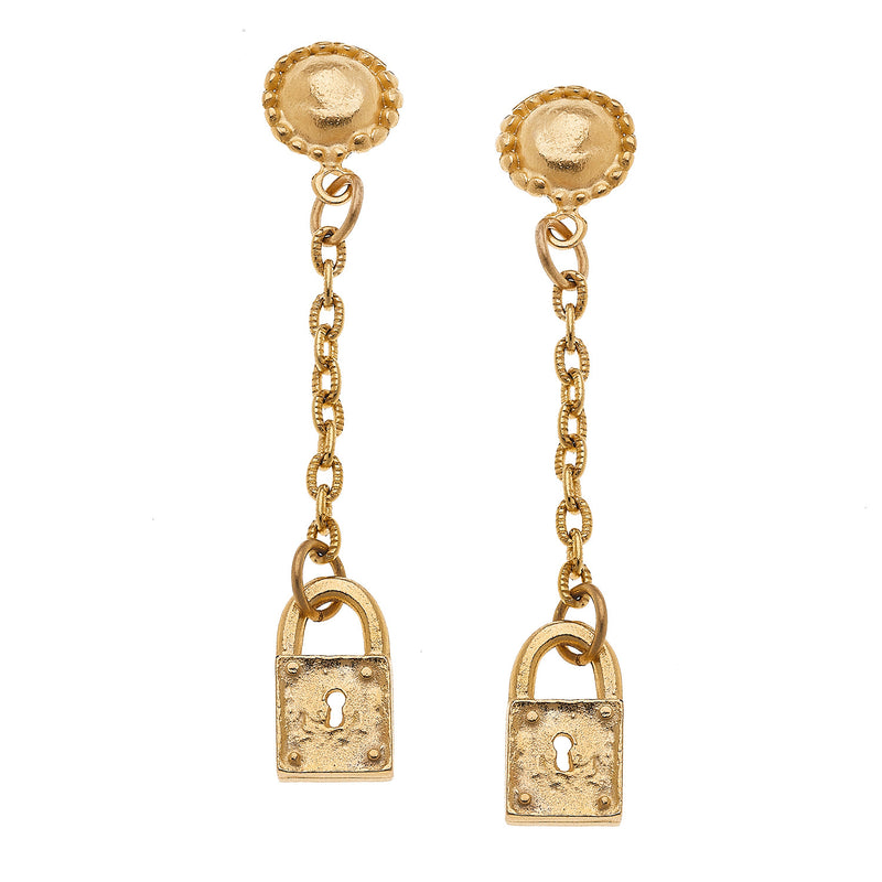 Susan Shaw Handcast Gold Lock Dangle Earrings