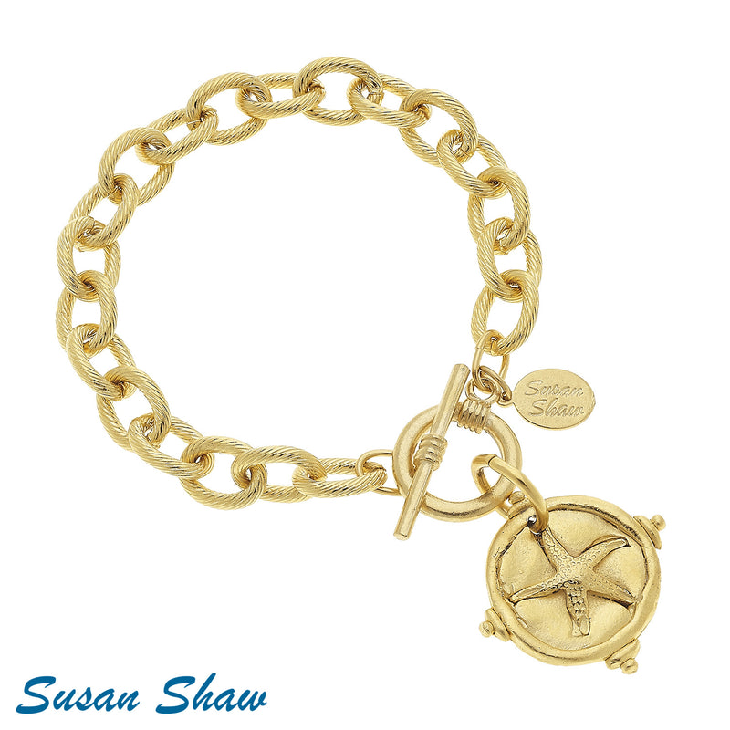 Susan Shaw Jewelry Single Chain Starfish/Sand Dollar Bracelet in Gold