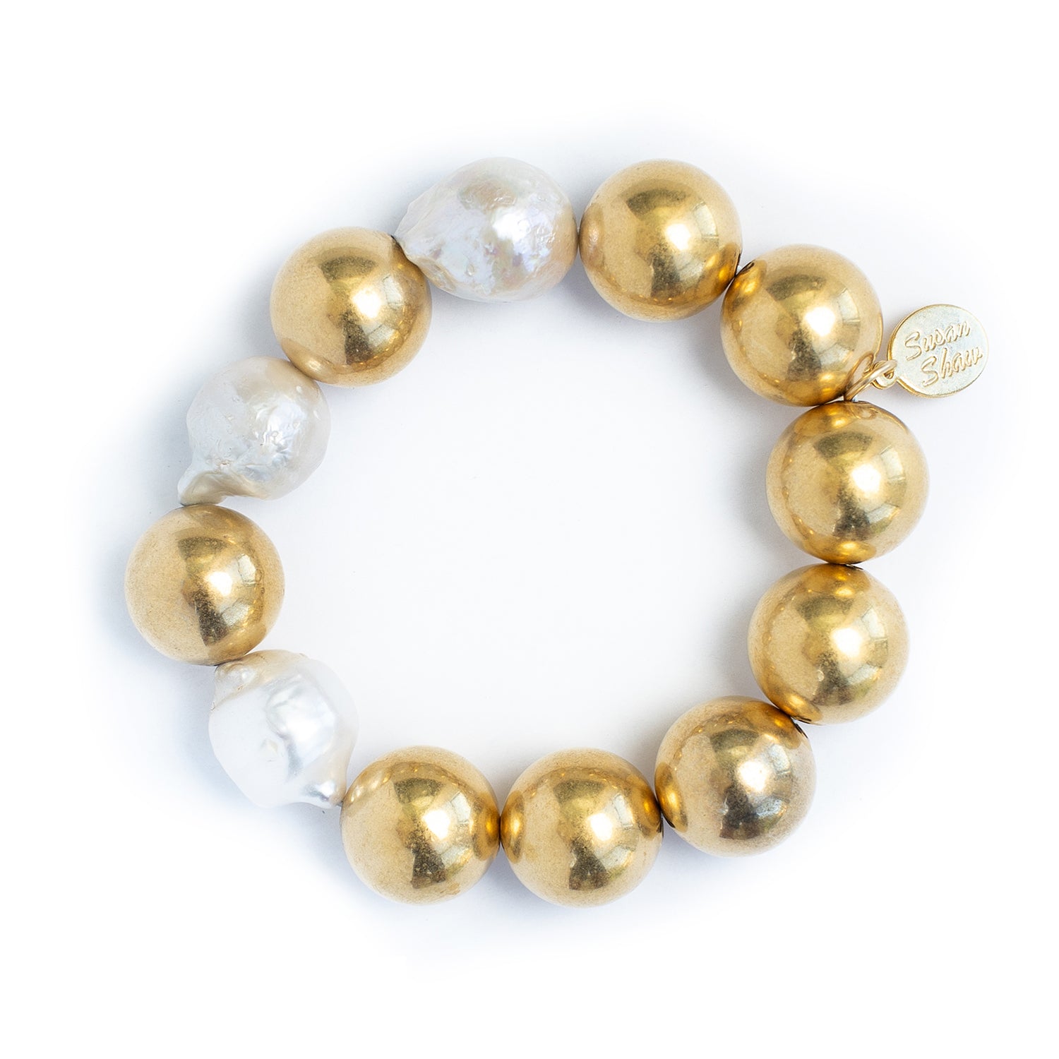 Susan Shaw Handcast 16MM Gold Plated Balls & Large Genuine Freshwater Baroque Pearl Stretch Bracelet