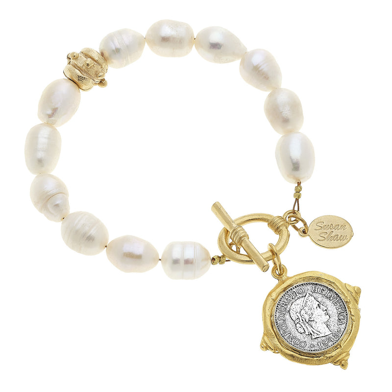 Susan Shaw Handcast Gold & Silver Coin on Genuine Freshwater Pearl Bracelet