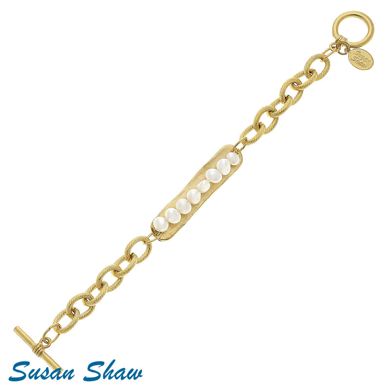 Susan Shaw Genuine Freshwater Pearls on Handcast Gold Bar Bracelet