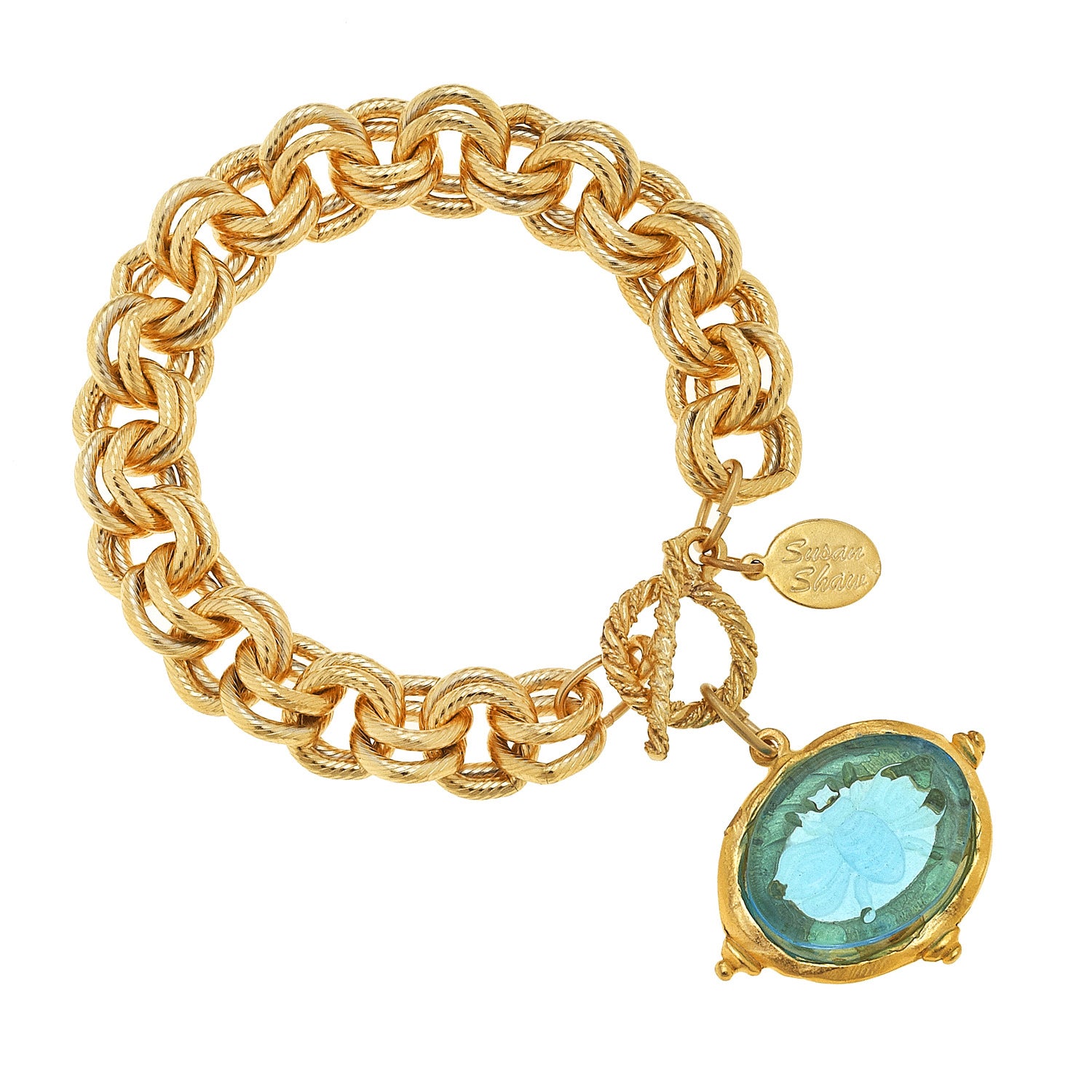 Susan Shaw Aqua Venetian Glass Bee Intaglio Chain Bracelet, Gold Plated 8"