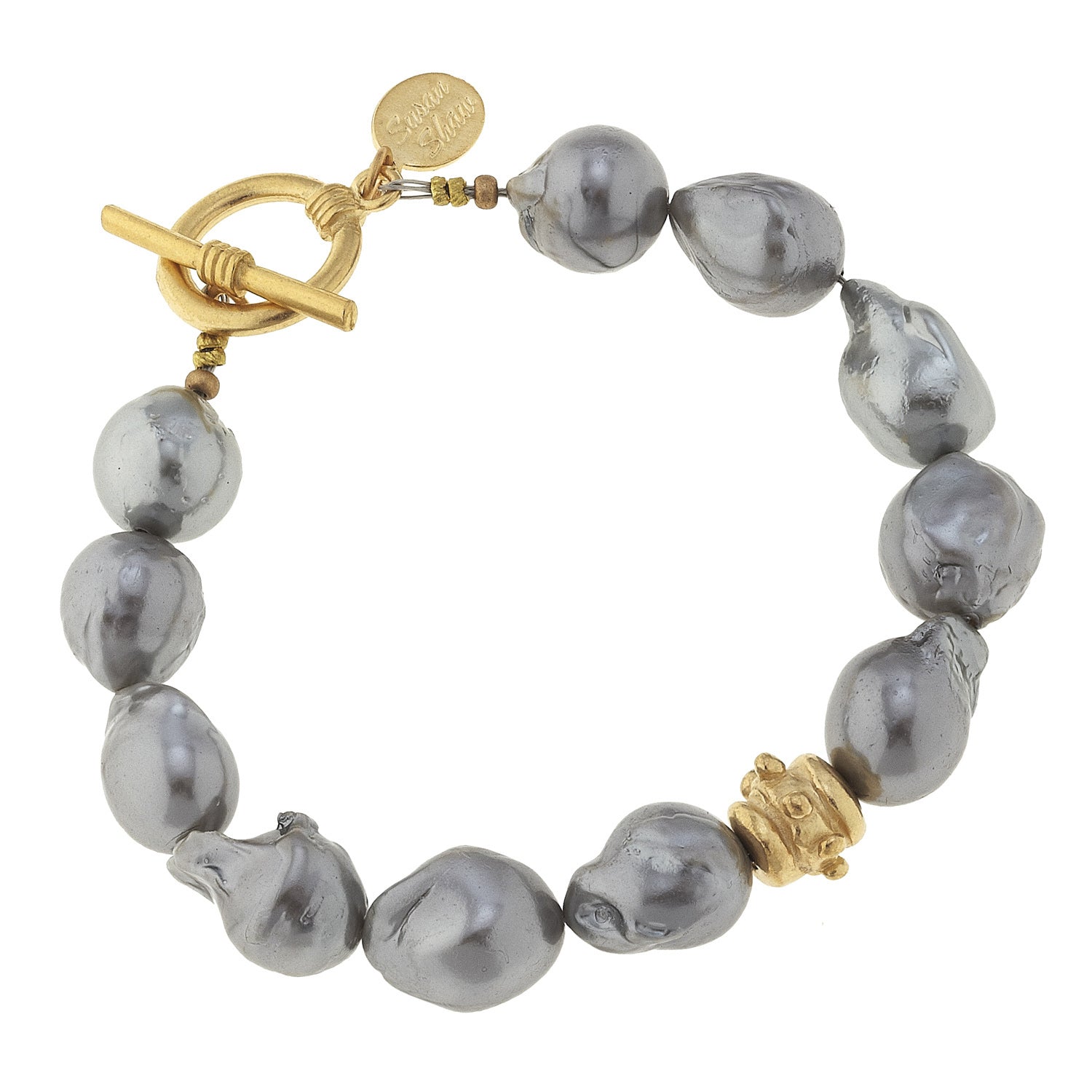 Susan Shaw Handcast Gold Bead & Genuine Grey Freshwater Baroque Pearl Bracelet