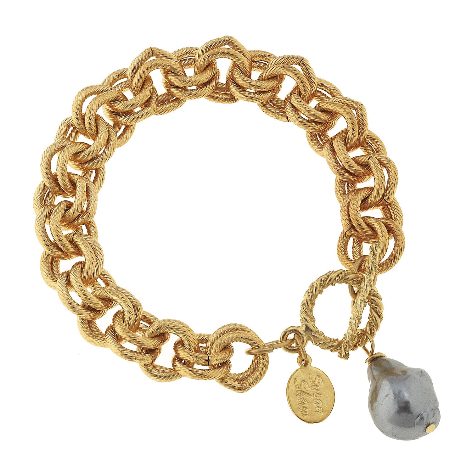 Susan Shaw Genuine Grey Freshwater Baroque Pearl on Handcast Gold Bracelet