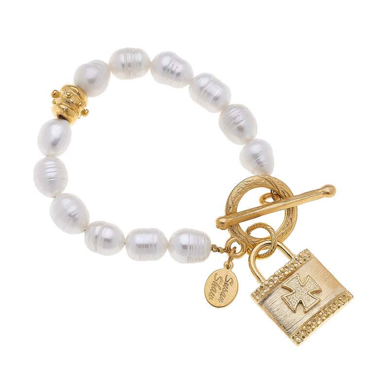 Susan Shaw Handcast Gold Maltese Cross Lock on Genuine Freshwater Pearl Toggle Bracelet