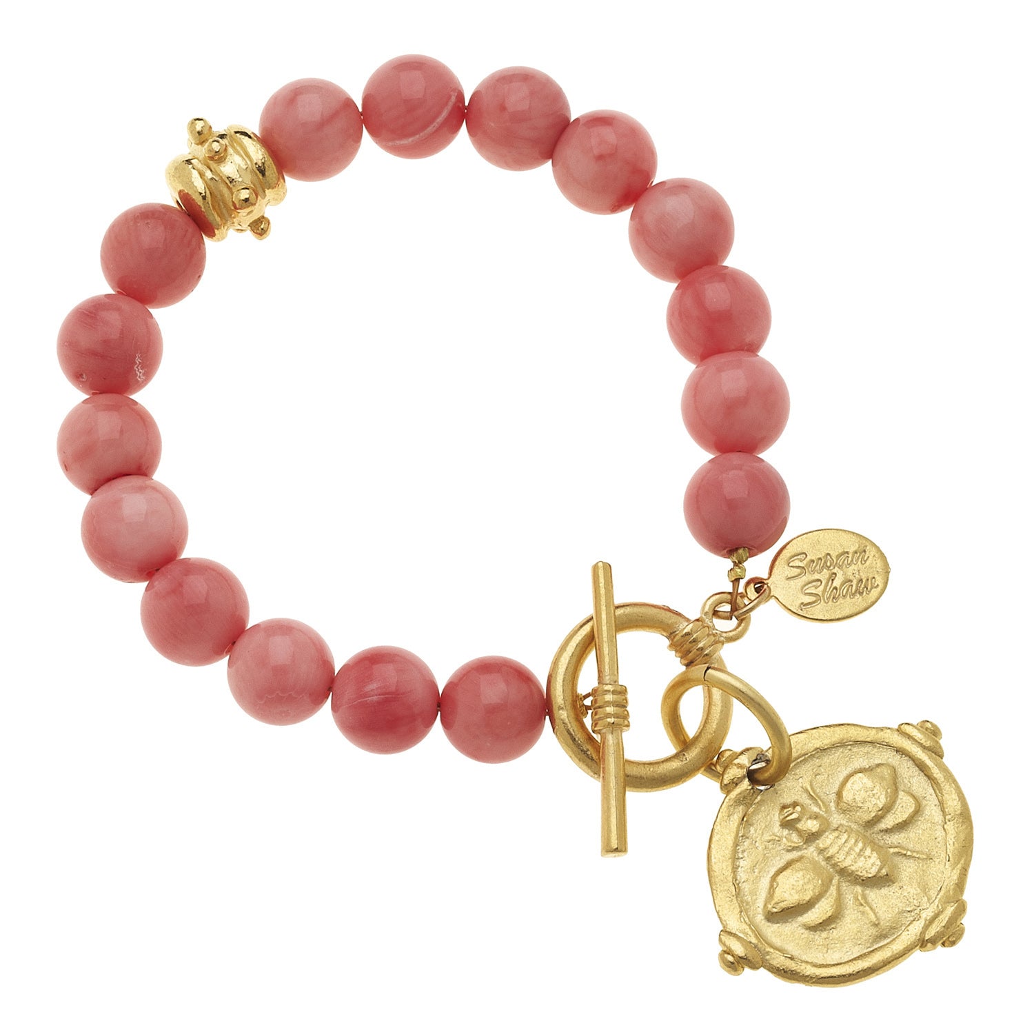 Susan Shaw Handcast Gold Bee Intaglio on Pink Coral Bracelet