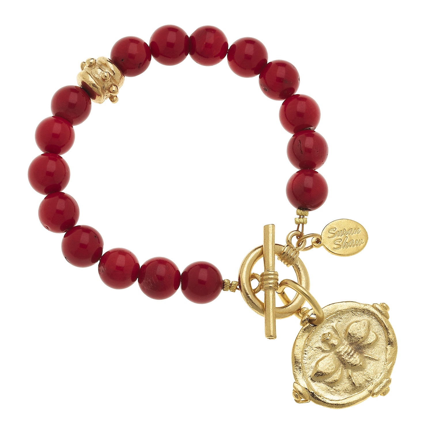 Susan Shaw Red Coral with Italian Intaglio "Bee" Bracelet