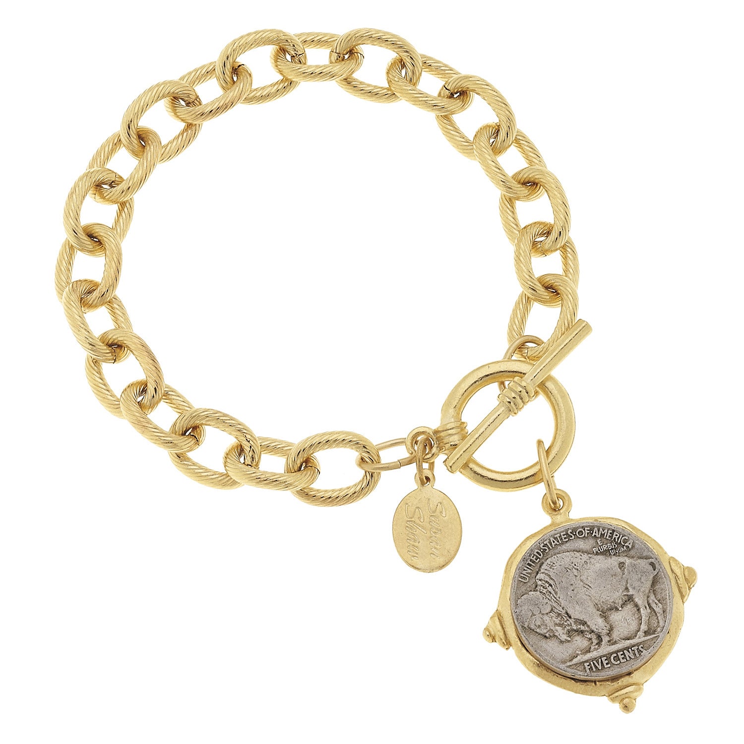 Susan Shaw Handcast Gold & Silver Vintage Buffalo Head Coin Bracelet