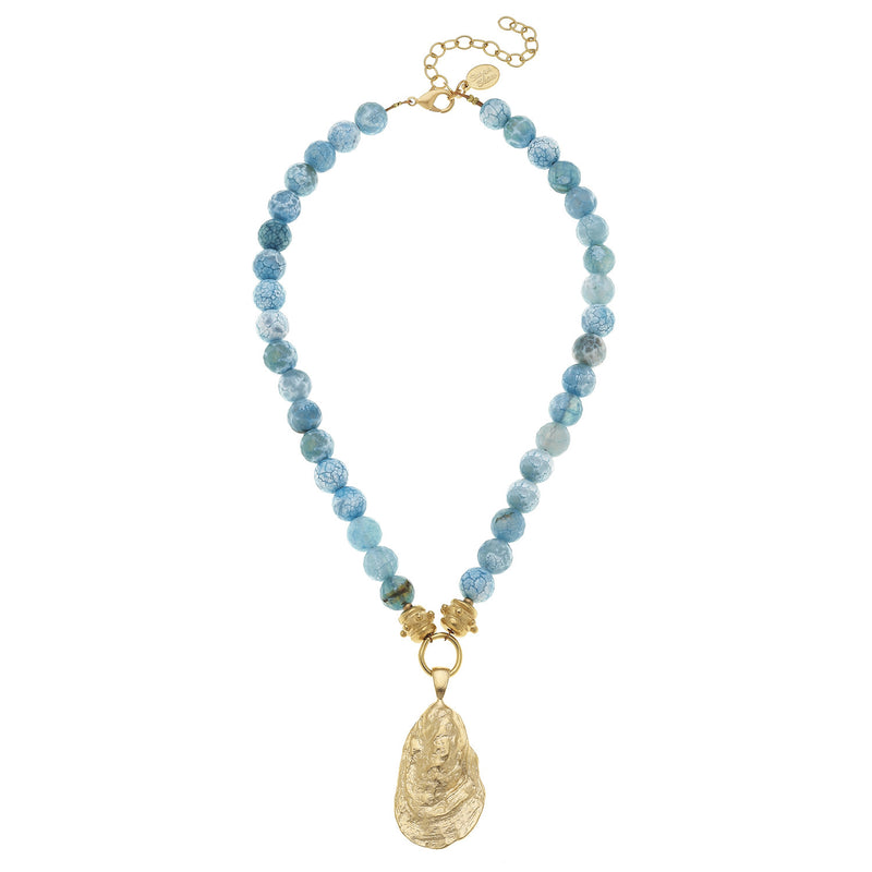 Susan Shaw Handcast Gold Oyster Shell on Aqua Fire Agate Necklace