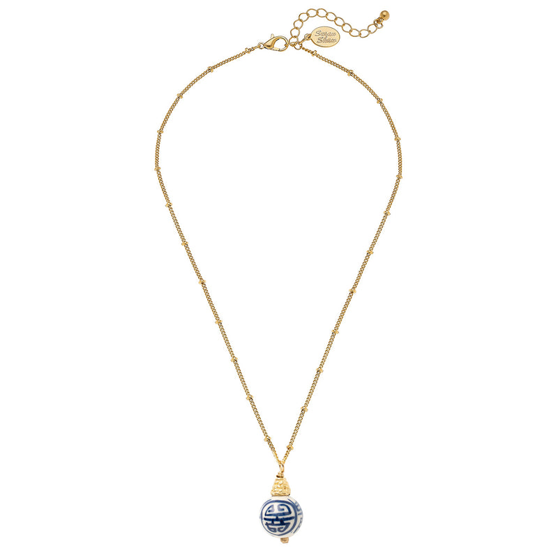 Susan Shaw Blue & White Porcelain Bead on Dotted Handcast Gold Chain Necklace