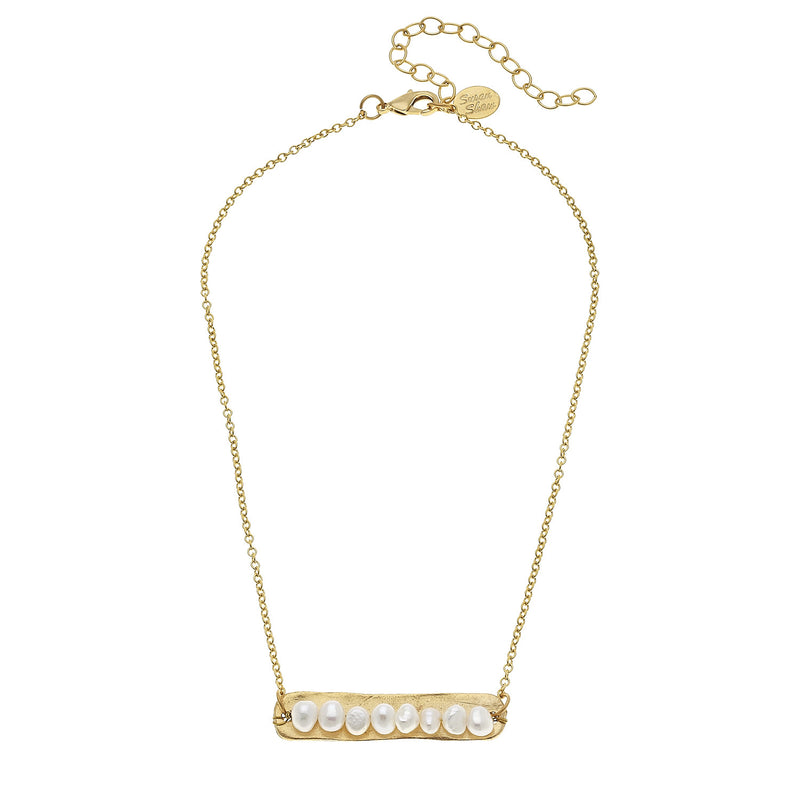 Susan Shaw Genuine Freshwater Pearls on Handcast Gold Bar Necklace