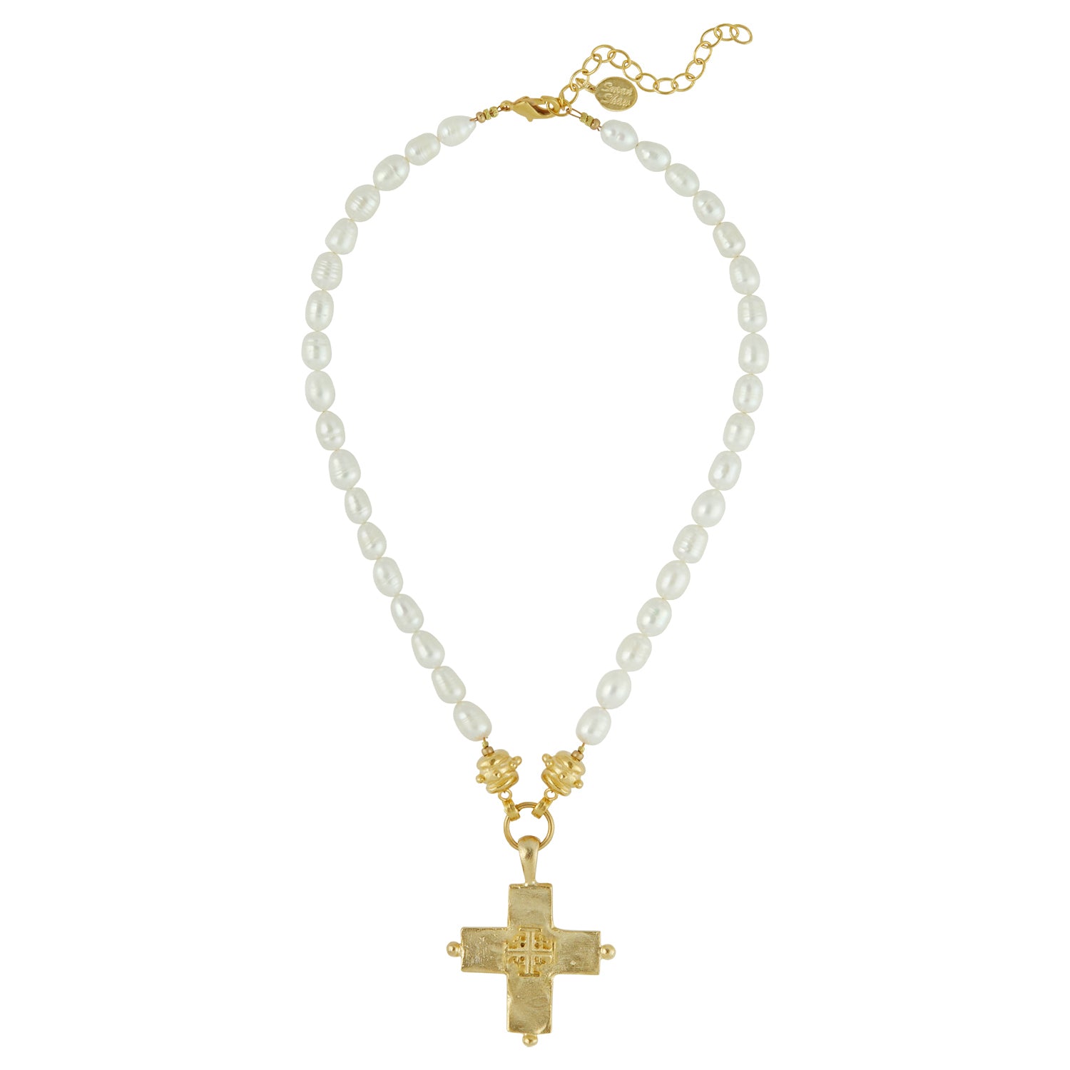 Susan Shaw Handcast Gold Jerusalem Cross Genuine Freshwater Pearl Necklace