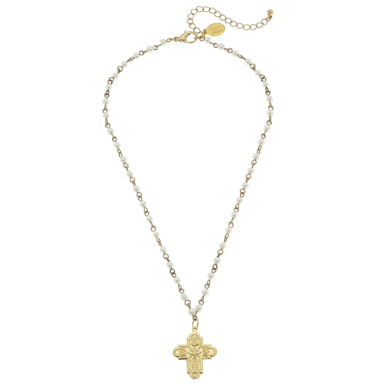 Susan Shaw Textured Cross Pendant on Beaded Gold Chain Necklace