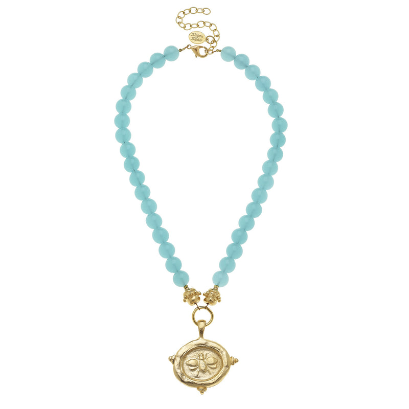 Susan Shaw Handcast Gold Bee on Aqua Quartz Necklace