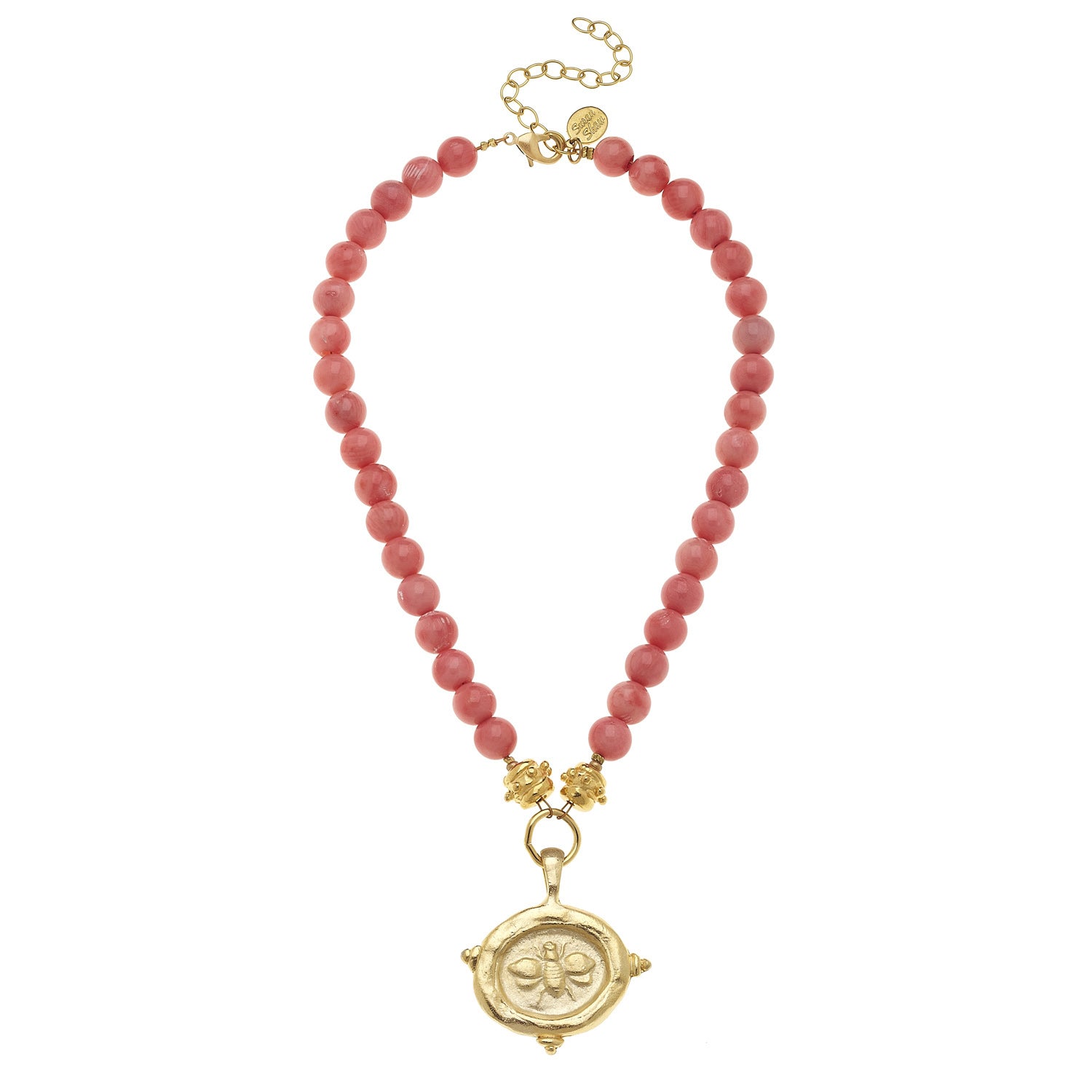 Susan Shaw Handcast Gold Bee Intaglio on Pink Coral Necklace