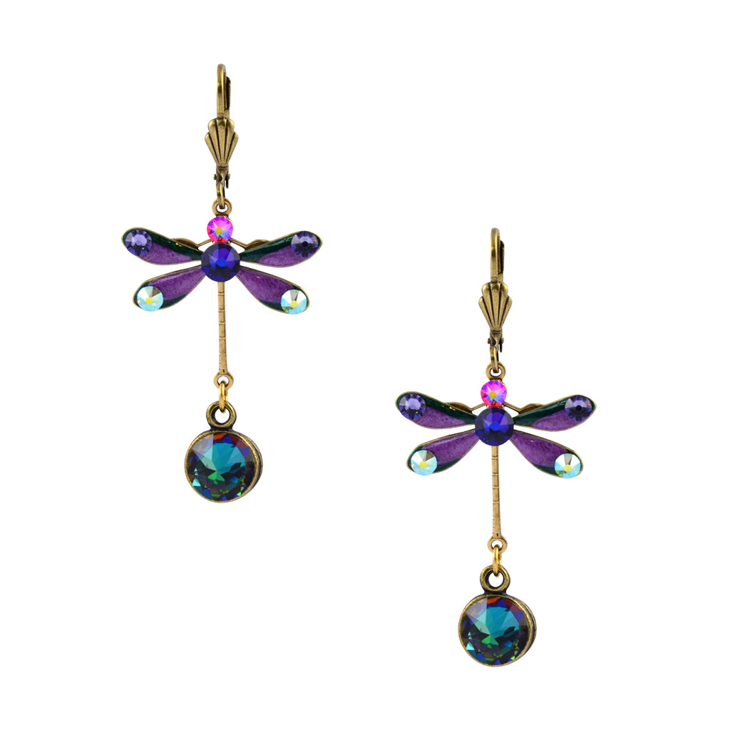 Anne Koplik Gold Plated Multicolor Crystal Tall Enamel Dragonfly Dangle Earrings