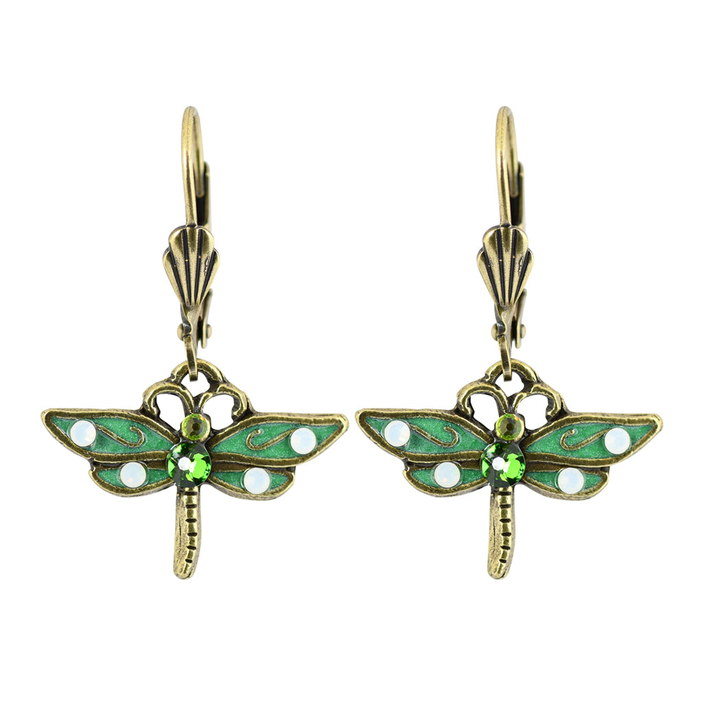 Anne Koplik Antique Gold Green Dragonfly Dangle Earrings