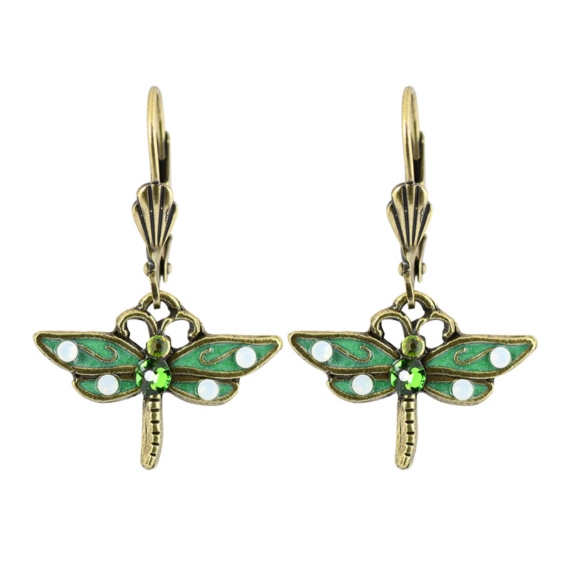 Anne Koplik Antique Gold Green Dragonfly Dangle Earrings