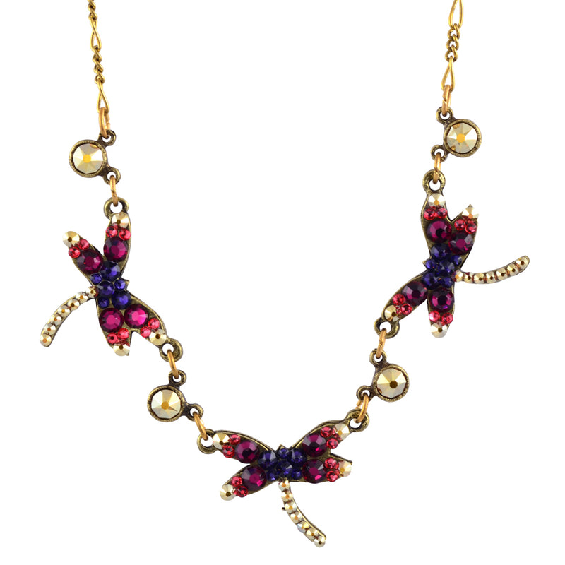 Anne Koplik 3 Dragonfly Crystal Necklace, Antique Gold Plated