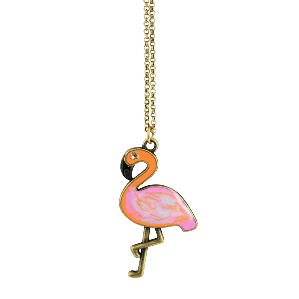 Anne Koplik Flamingo Necklace, Antique Gold Plated Pendant, 18"
