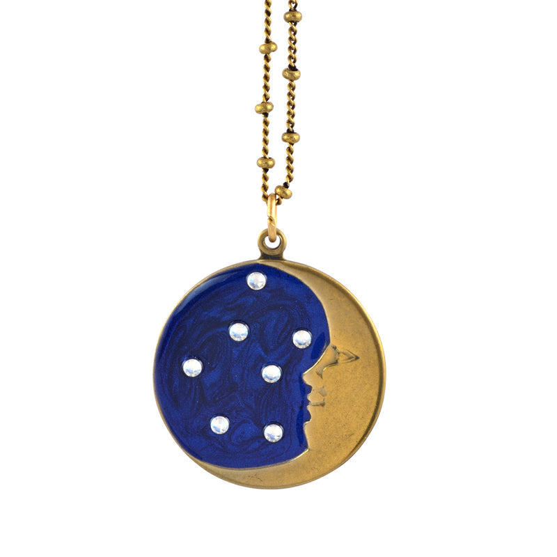 Anne Koplik Enamel Crescent Moon and Stars Pendant Necklace, Antique Gold Plated