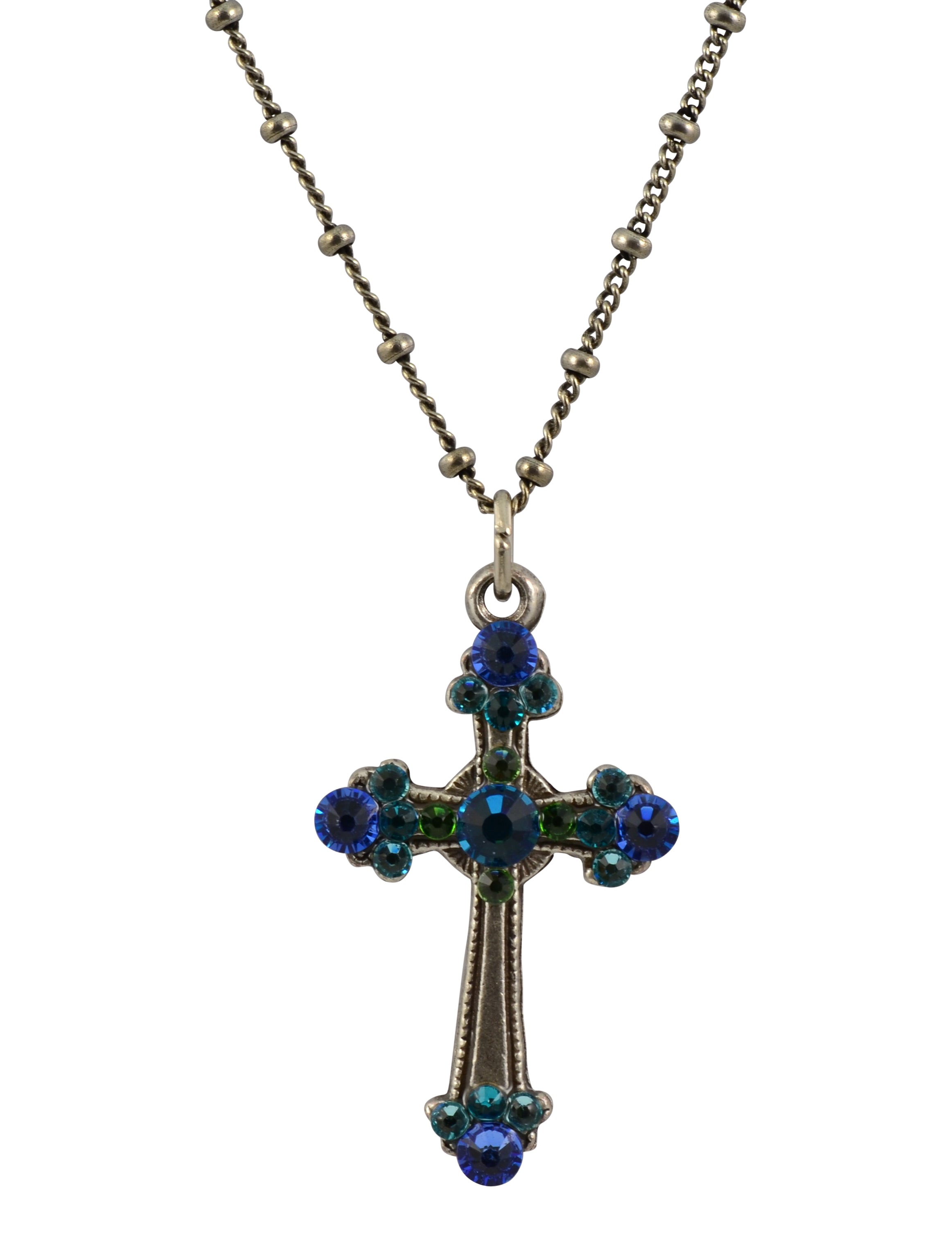 Anne Koplik Cross Necklace, Silver Plated Pendant with crystals, 18"