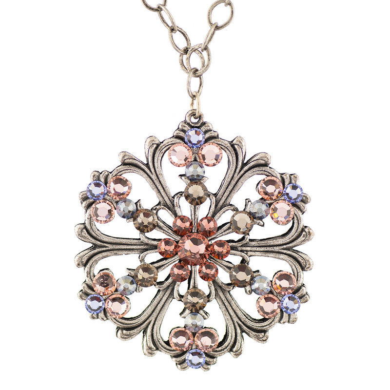 Anne Koplik Large Filigree Pink Crystal Pendant Necklace, Silver Plated