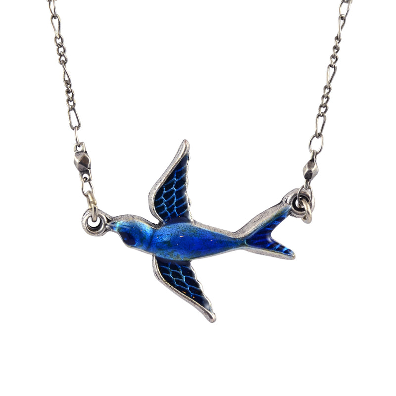 Anne Koplik Enamel Flying Bluebird Pendant Necklace, Silver Plated