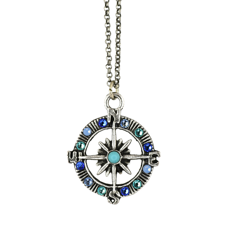 Anne Koplik Crystal Compass Necklace, Silver Plated Pendant, 18"