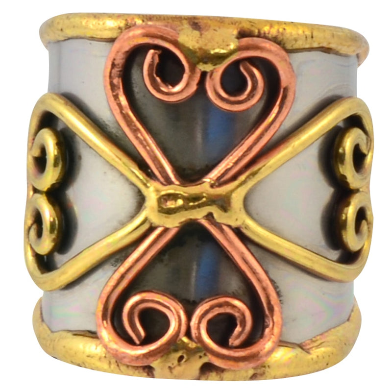 Anju Mixed Metal Adjustable Spiral Clover Cuff Ring in Stainless Steel, Brass and Copper