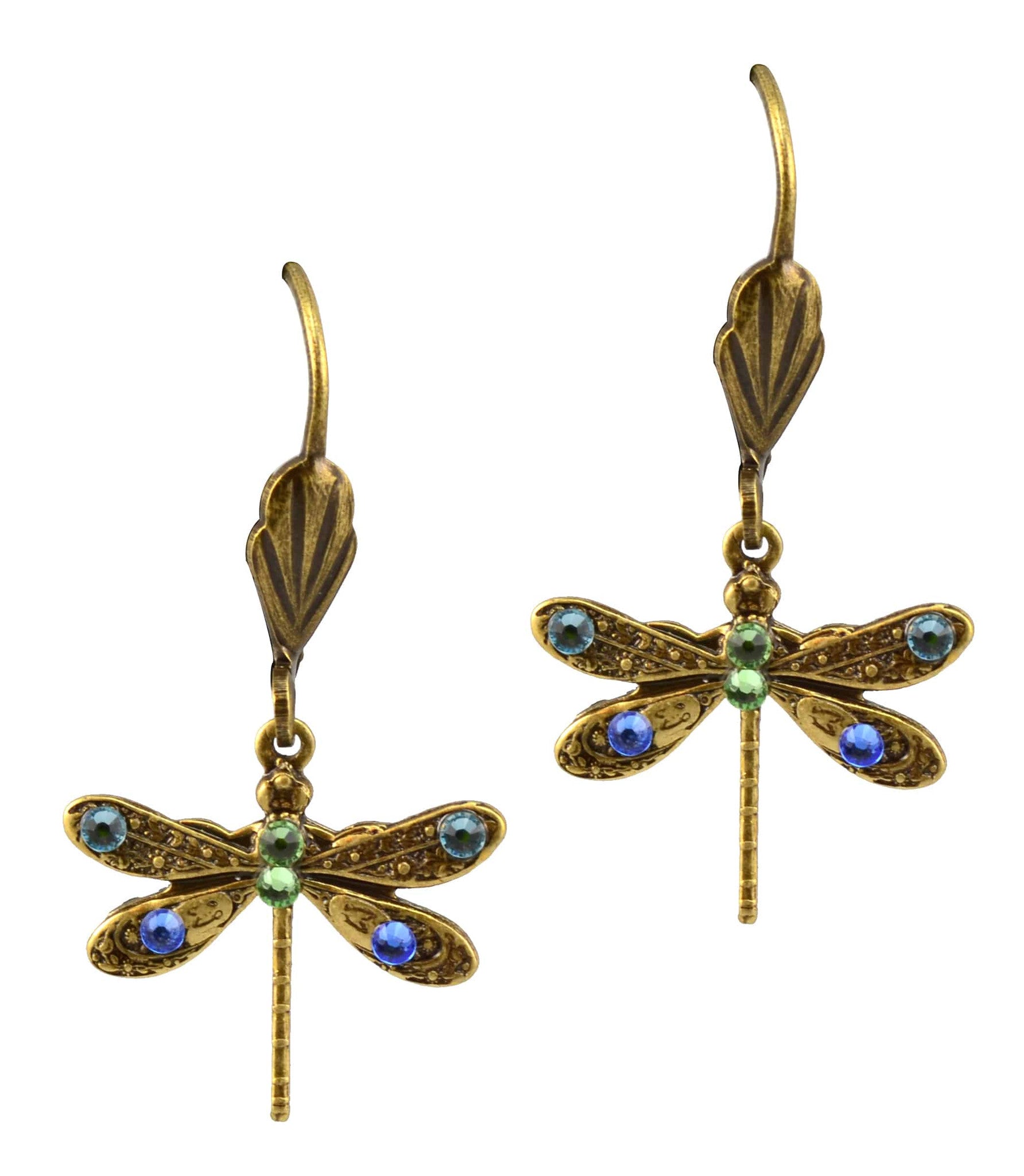 Anne Koplik Antique Gold Plated Mini Dragonfly Dangle Earrings with crystal