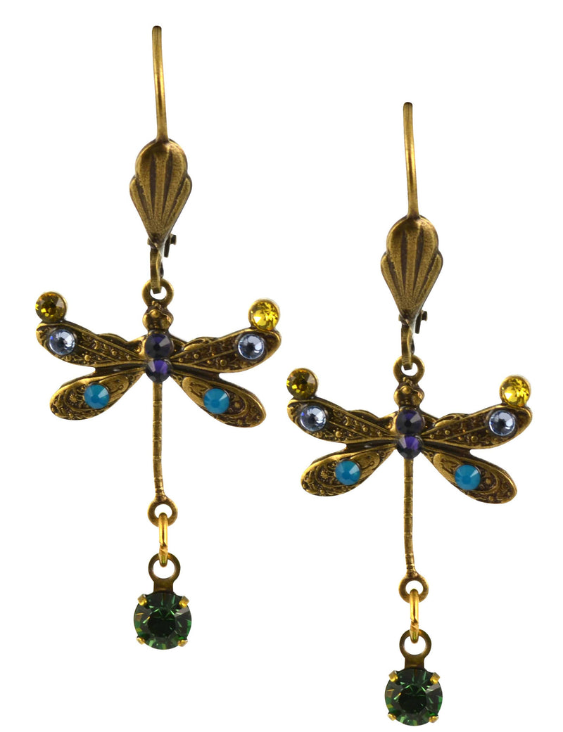 Anne Koplik Dragonfly Earrings, Jonquil/Fern Green Gold Plated Dangle with Jeweled Drop