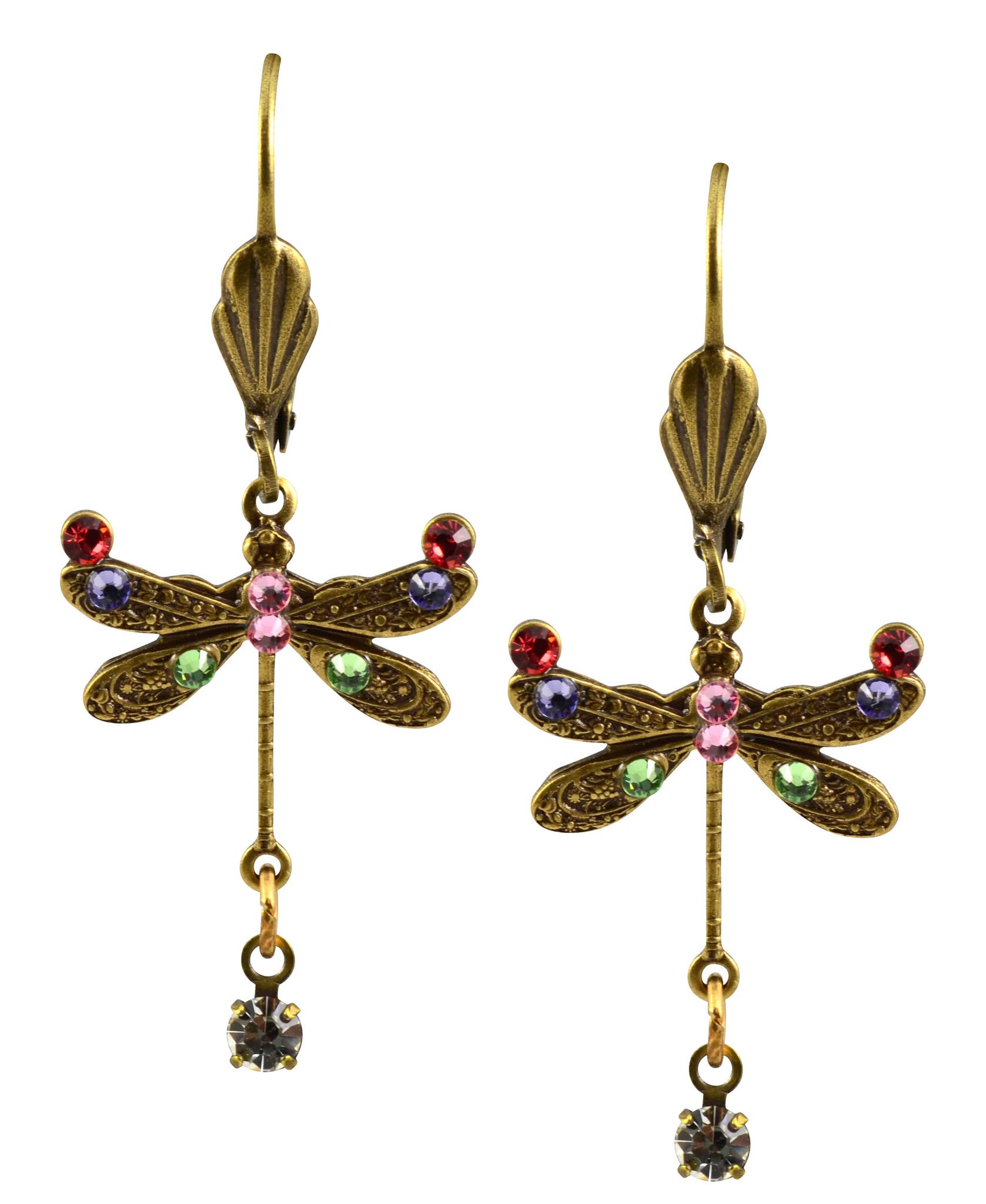 Anne Koplik Dragonfly Earrings, Multicolor Antique Gold Plated crystal Dangle