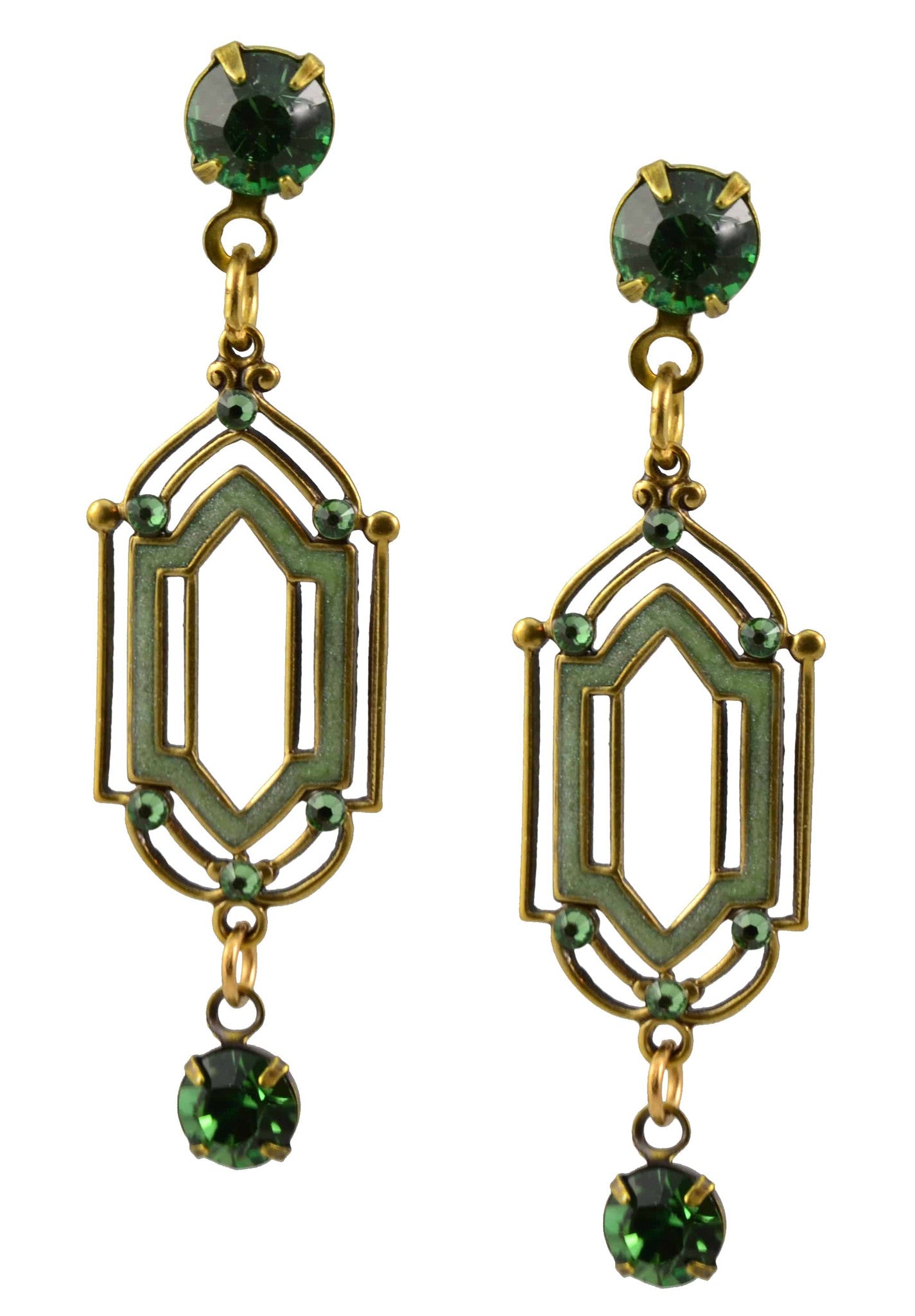Anne Koplik Earrings, Antique Brass Plated Double Vision Dangle Post with crystal