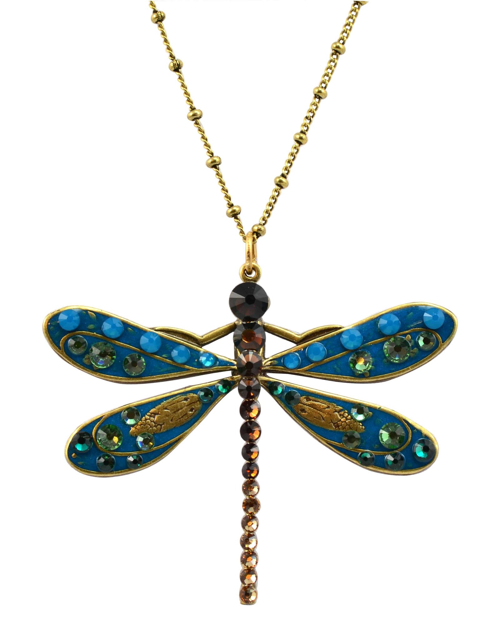 Anne Koplik Gold Plated Large Blue Enamel Dragonfly Pendant Necklace with crystal