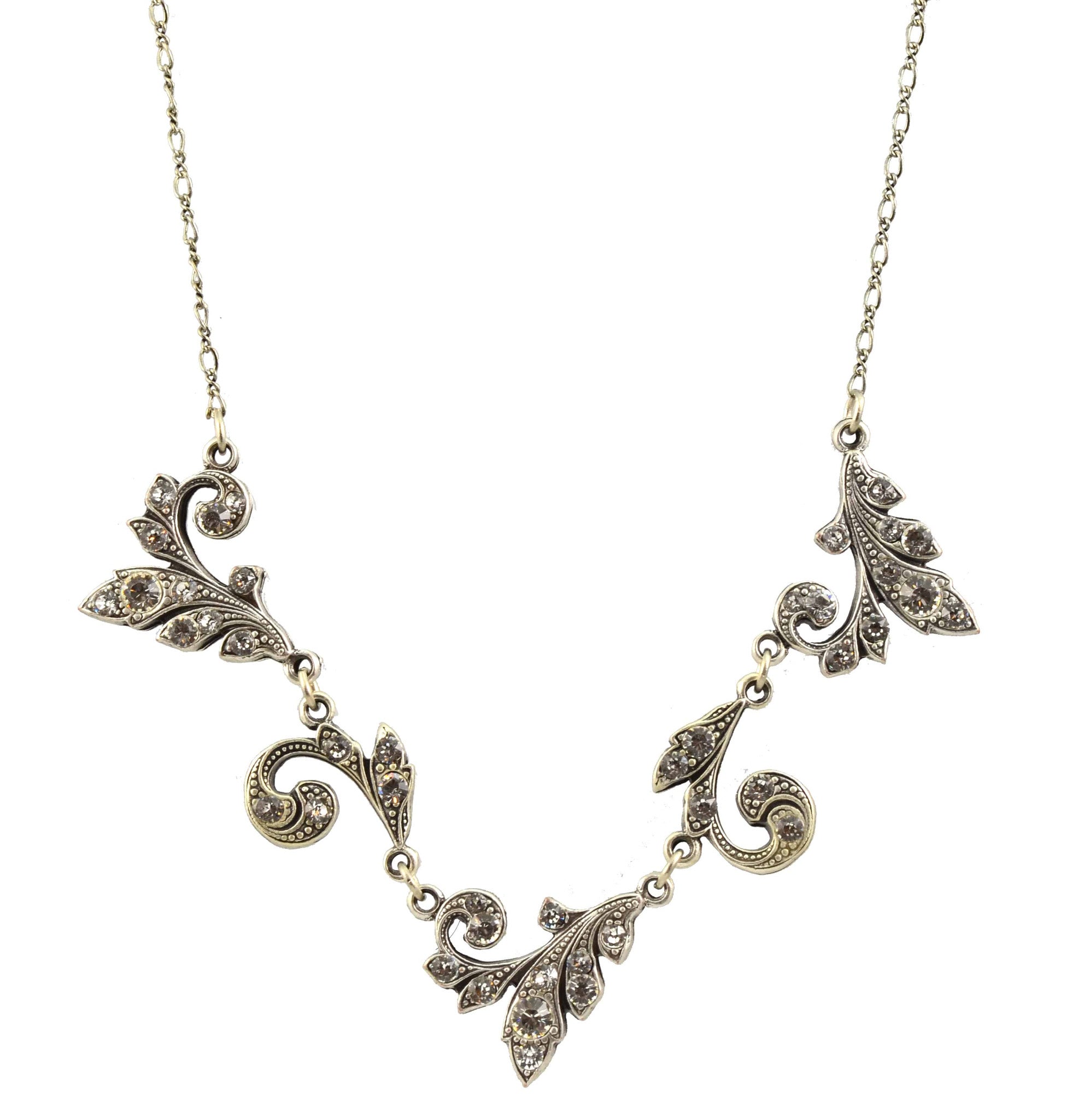 Anne Koplik Necklace, Silver Plated Swirly Ivy with crystals