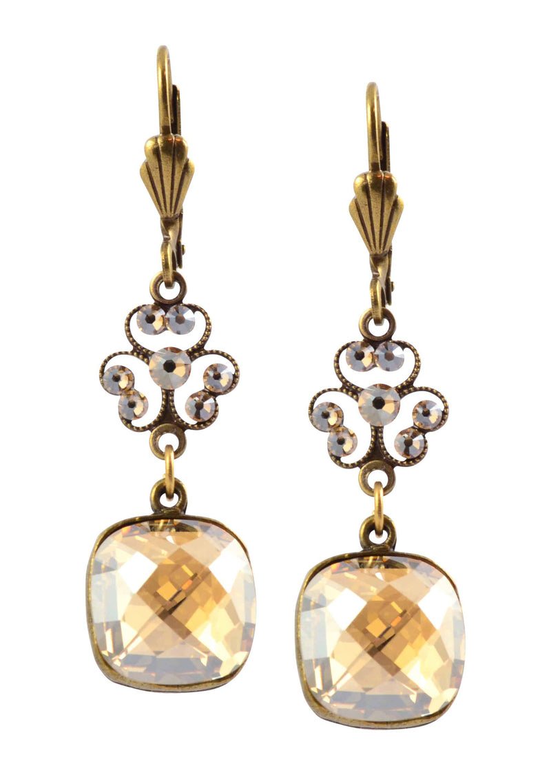 Anne Koplik Rounded Square Earrings, Antique Gold Plated with crystal ER4369CGS