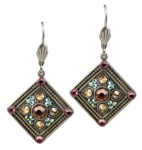 Anne Koplik Silver Plated Diamond Shaped Dangle Earrings with Textured Studs with crystal