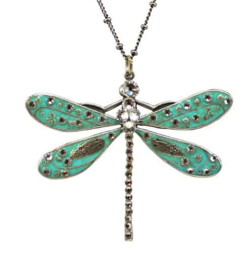 Anne Koplik Silver Plated Large Teal Open Winged Dragonfly Pendant Necklace with crystal