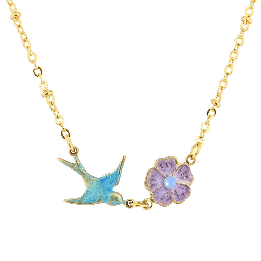Clara Beau Bird and Flower Necklace, Gold Plated