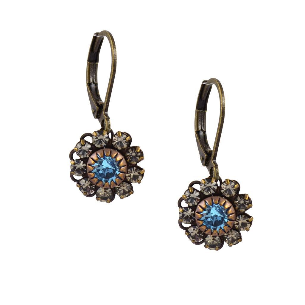 Caroline Heath Flower Earrings, Antique Brass Leverback Drop with Gray and Aqua Crystal