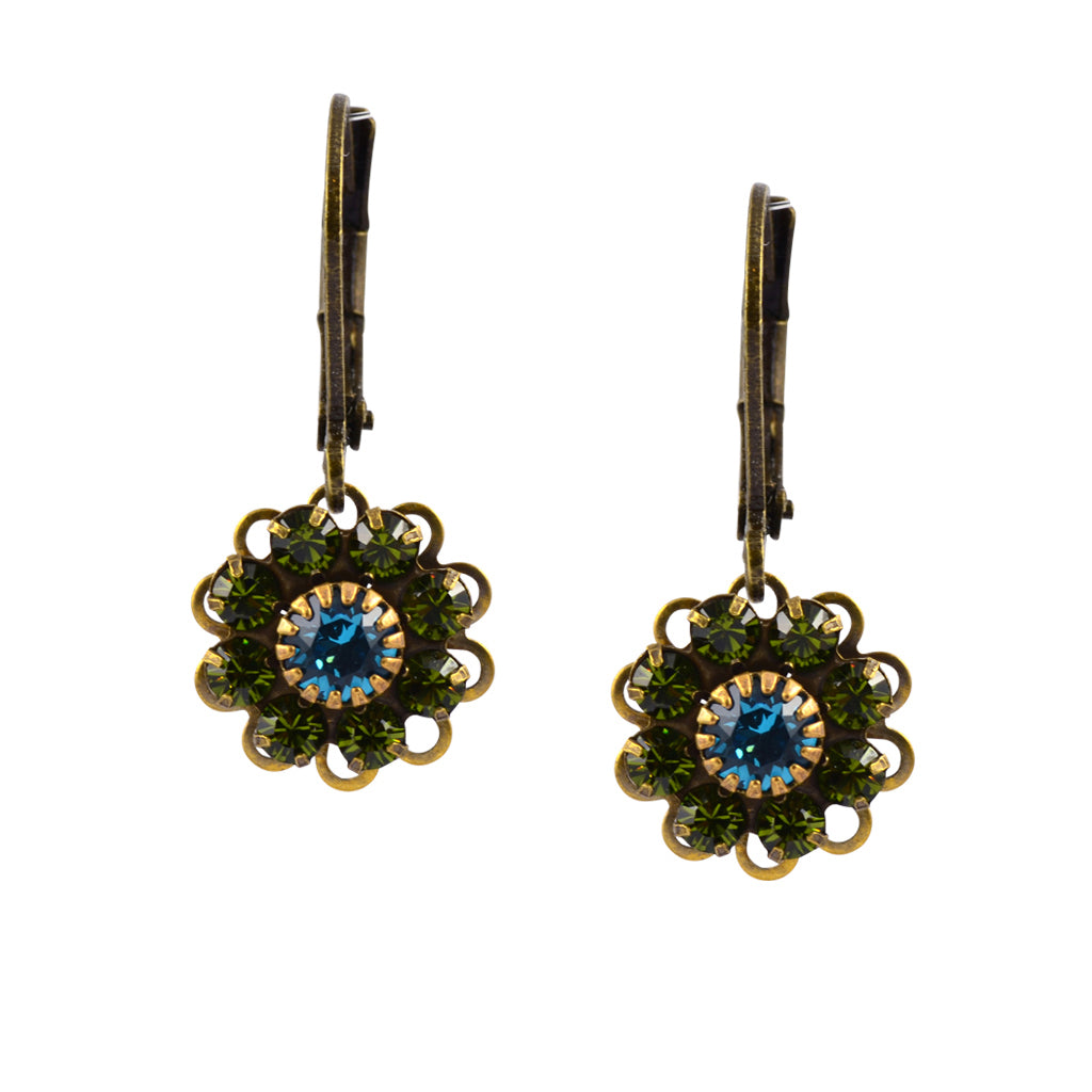 Caroline Heath Flower Earrings, Antique Brass Leverback Drop with Green and Blue Crystal