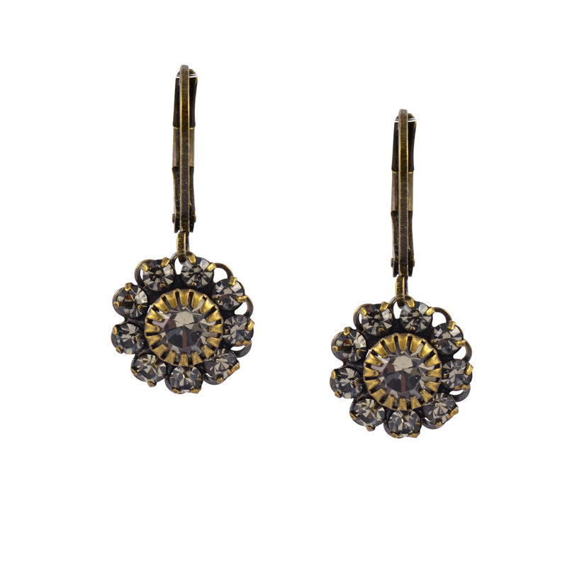 Caroline Heath Flower Earrings, Antique Brass Leverback Drop with Gray Crystal