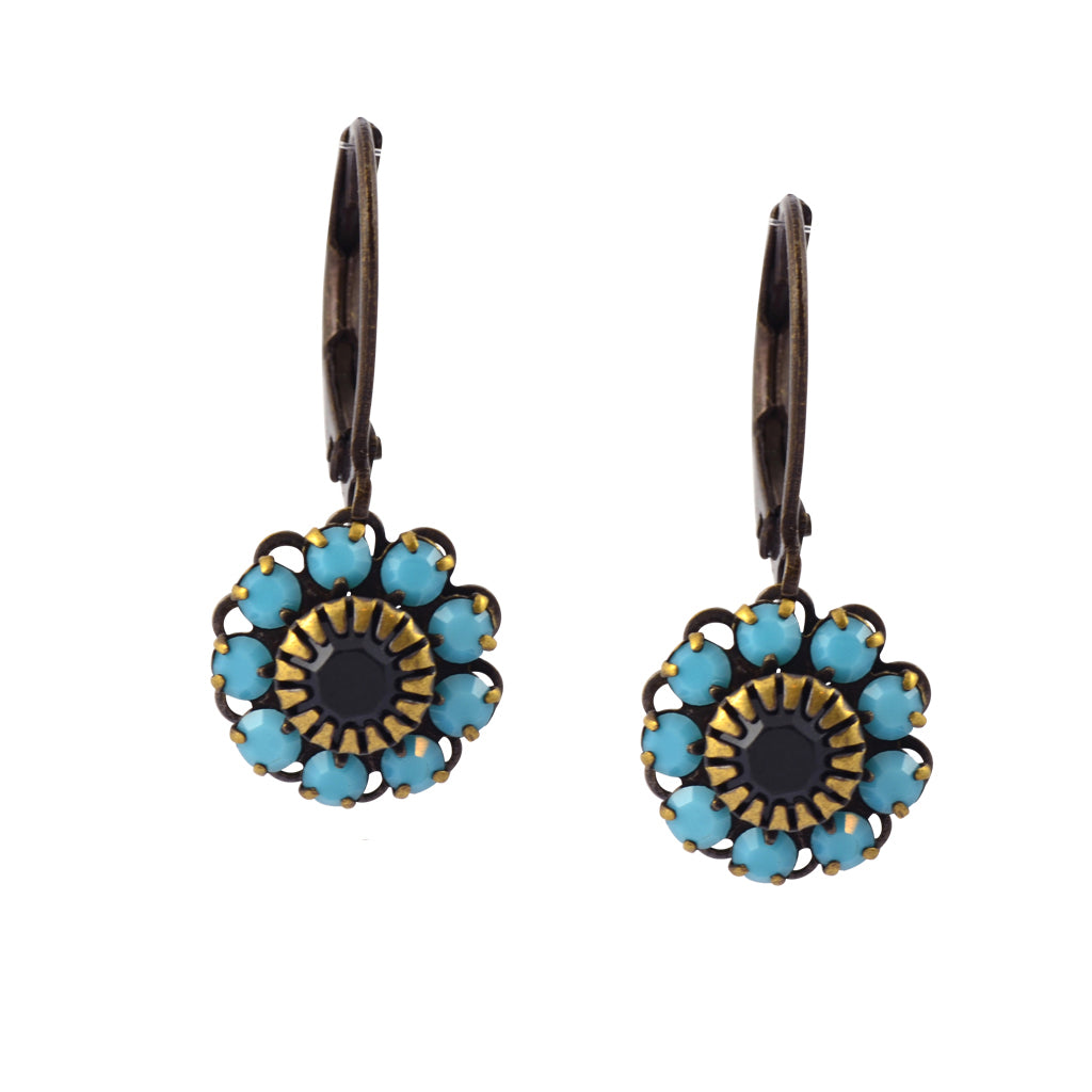 Caroline Heath Flower Earrings, Antique Brass Leverback Drop with Teal and Black Crystal