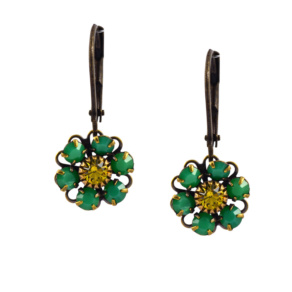 Caroline Heath Flower Earrings, Antique Brass Leverback Drop with Green and Yellow Crystal
